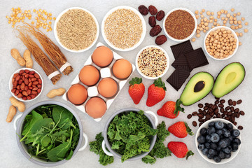 Health food for vitality, energy & fitness with vegetables, nuts, seeds, legumes, grains, cereal, dairy & herbal medicine. Foods high in vitamins, minerals, antioxidants, smart carbs, protein & omega 