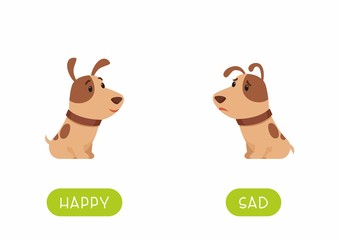 Educational word card with animals vector template. Flash card for english language learning with cute puppy. Opposites concept, happy and sad. Adorable little dog flat illustration with typography