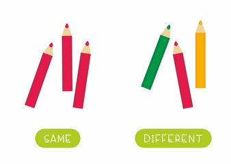 Educational word card for children vector template. Flash card for language studying with stationery items. Antonyms, diversity concept. Same and different pencils flat illustration with typography