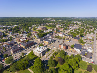 Fototapeta na wymiar Waltham City Hall and Central Square Historic District aerial view in downtown Waltham, Massachusetts, MA, USA.