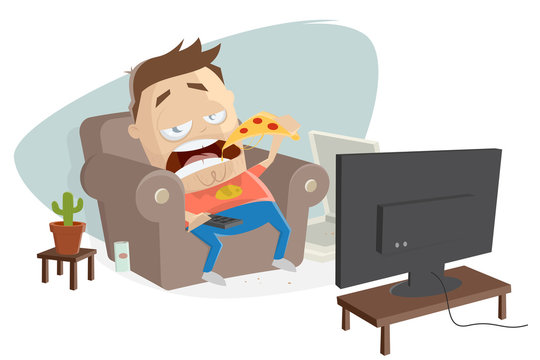 fat cartoon guy eats pizza and watches tv