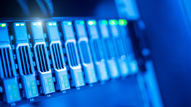 The server room tells the computer server that is working continuously. Convey the power and progress.