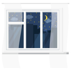 White plastic window with curtains, urban night view with sky, stars, clouds, crescent, silhouettes of city buildings.