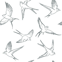 Flaing Swallows. Seamless pattern. Template. Close-up. Clip art. Hand Painting. Ink. Line art, black and white. Invitation