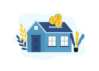 The concept of the accumulation of money, thrift and cost-effectiveness. Coins, dollars on the background of a family house. Vector stock flat illustration.