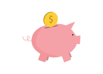 Pink pig piggy bank and coin. Symbol of money saving, hoarding cash, accumulation, economy and moderate expenses isolated on white background. Vector stock flat illustration.