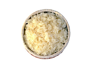 Top view bamboo wicker sticky rice basket with rice inside isolate on white background.