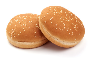 Tasty fresh burger buns with sesame seeds, Hamburger bun, isolated on white background