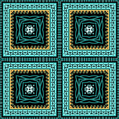 Squares greek colorful vector seamless pattern. Ornamental checkered ethnic background. Repeat abstract tribal backdrop. Greek key meander plaid ornaments. Modern decorative design with square frames