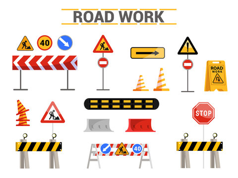 Road work signs flat illustrations set