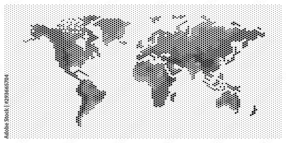 Wall mural flat pixel dots world map with atlantic ocean in the design of points dots of hexagons. planet earth