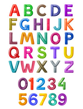 Latin alphabet and numbers made of colored plasticine, isolated on white background
