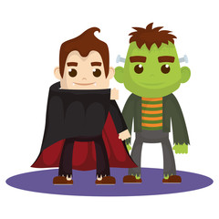 little kids with dracula and frankenstein costumes characters