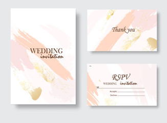 Coral gold greeting brush strokes wedding decoration. Vector glitter orange sparkling background. Watercolor spring hand-drawn design.