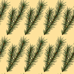 Seamless Christmas pattern with spruce branches and twigs,leaves. Outline hand drawn.Vector floral illustration with hand-drawn design element for New Year.