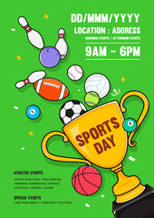 Sports Day Poster Invitation Vector illustration. Trophy with sport equipments on green background.