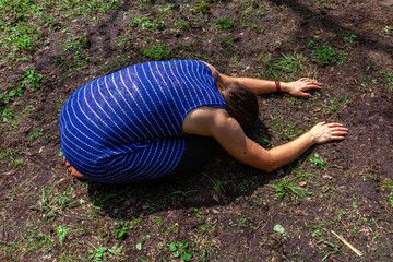 Diverse people enjoy spiritual gathering A mindful caucasian woman is seen from above as she...