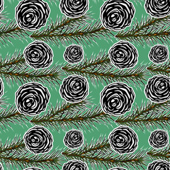 Christmas decoration with fir branches and fir cones. Christmas holidays seamless vector hand-drawn background. Colorful New Year background.