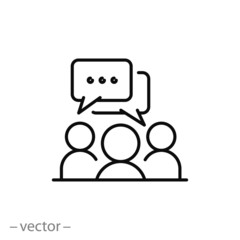 forum discussion icon, feedback or chat, outline messenger, group people talking, speech text, thin line symbol on white background - editable stroke vector illustration eps 10 - obrazy, fototapety, plakaty