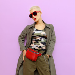 Absolute Military Style. Blonde in fashion accessories. Trendy look