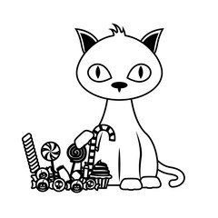halloween cat mascot with sweet candies