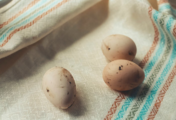 rustic natural chicken eggs on white linen tablecloth background with embroidery