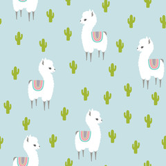 Naklejka premium White llama alpaca and cactus seamless pattern
