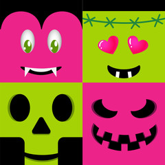square, quadratic cute monster smiles, Funny Pink Halloween skull monster smiles, art style,EPS 10
