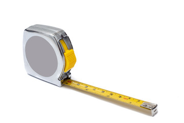 Flexometro o metro para medir en color plata con amarillo con unidades de medida de...
