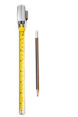 Flexometro o metro para medir  en color plata y amarillo con un lapiz para trazar  unidades de...