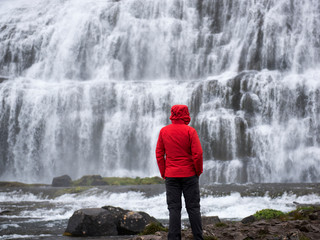 Man in red jacket standing in front of Dynjandi Falls in Westfjords, Iceland