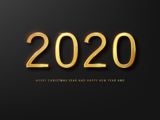 2020 Happy New Year greeting card gold and black background. Black New Year background. Cover of business diary for 2020 with wishes. Brochure design template, card, banner
