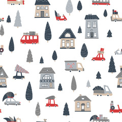 Christmas seamless pattern. Holiday city. Houses and bright cars with gifts and Christmas trees. Vector background in cartoon scandinavian style on a white background