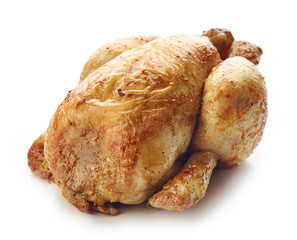 Roasted whole chicken isolated on white background
