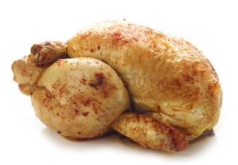 Roasted whole chicken isolated on white background
