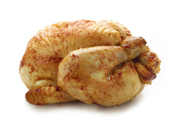 Roasted whole chicken isolated on white background