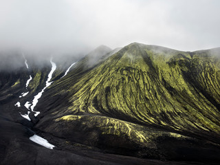Moss covered black volcanic mountains near Langisjor Iceland