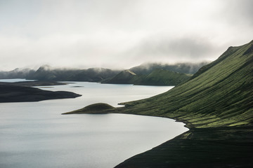 Moss covered black volcanic mountains near Langisjor Iceland