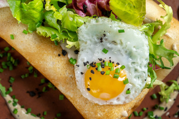 Fried eggs, macro shot, sprinkled with spices and green onions.
