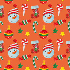 Christmas pattern on a red background with Christmas decorations, stars, snowmen. Background for gifts, textiles, packaging, notebooks, paper. Acrylic paint illustration.
