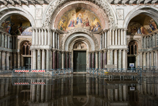 Flooded St Marks Catherdral at night, Venice Itally