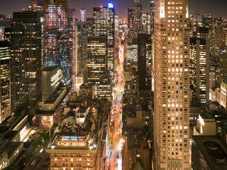 Aerial city view of manhattan at night. 