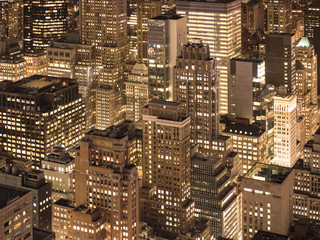 Aerial city view of manhattan at night. 