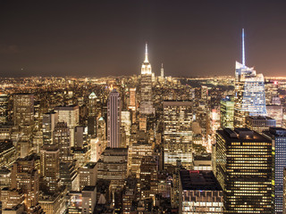 Aerial city view of manhattan at night. 