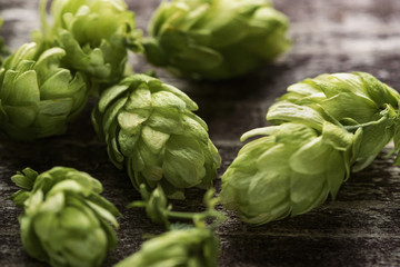 close up view of green hop on wooden surface