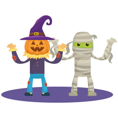 little kids with scarecrow pumpkin and mummy costumes characters