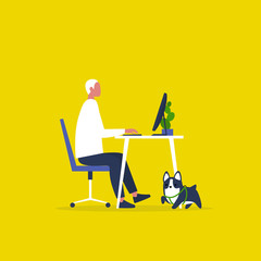 Animal friendly modern office. Pet at a workplace. Young male manager working on a computer. Flat editable vector illustration, clip art
