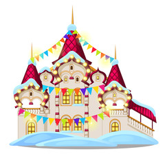 Fairytale castle festively decorated with garlands and multicolored flags isolated on white background. Sketch of Christmas festive poster, party invitation, holiday card. Vector cartoon close-up.