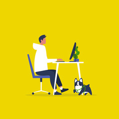 Animal friendly modern office. Pet at a workplace. Young male manager working on a computer. Flat editable vector illustration, clip art