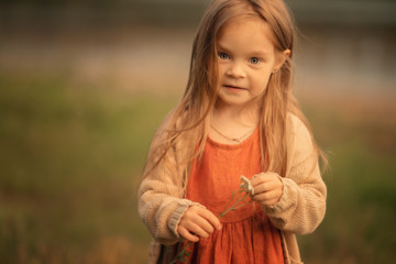 portrait of cute girl holding wildfower in the hands outdoors
